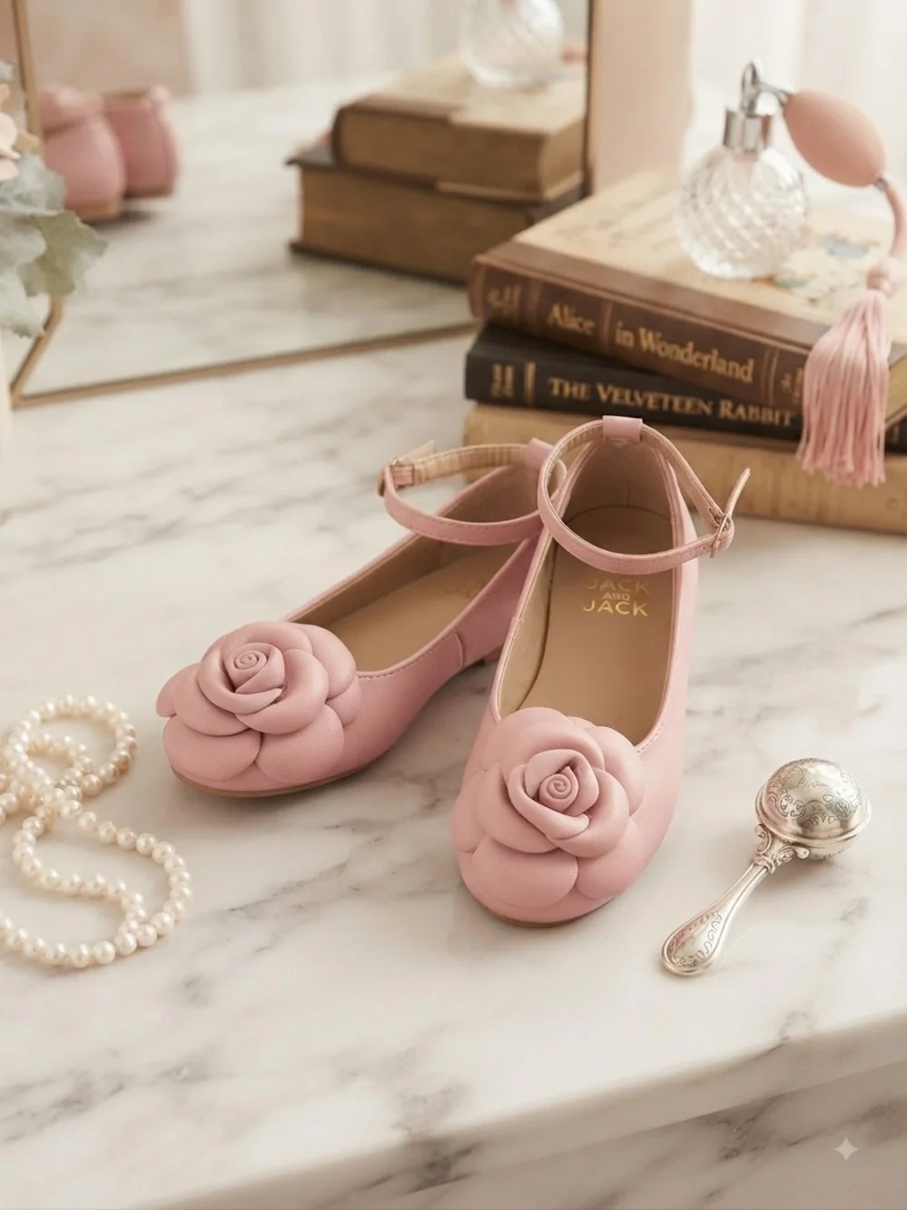 Janie and Jack Pink Floral Ballet Flats with Ankle Strap